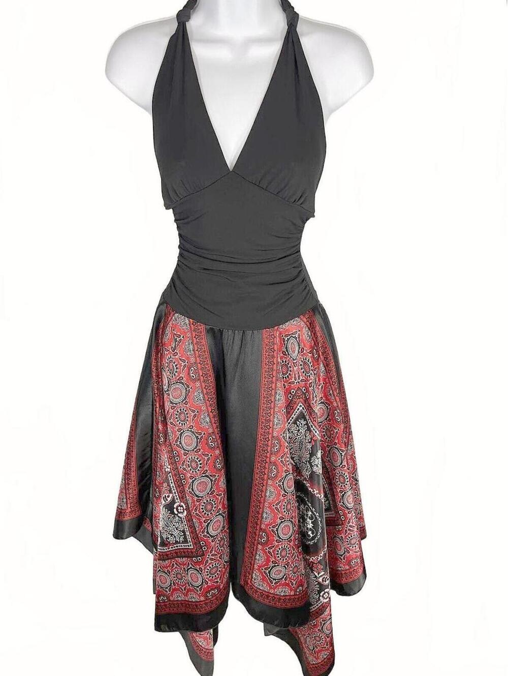 Y2K Windsor Paisley Bandana Print Handkerchief Hem Halter Dress Black Red 1/2